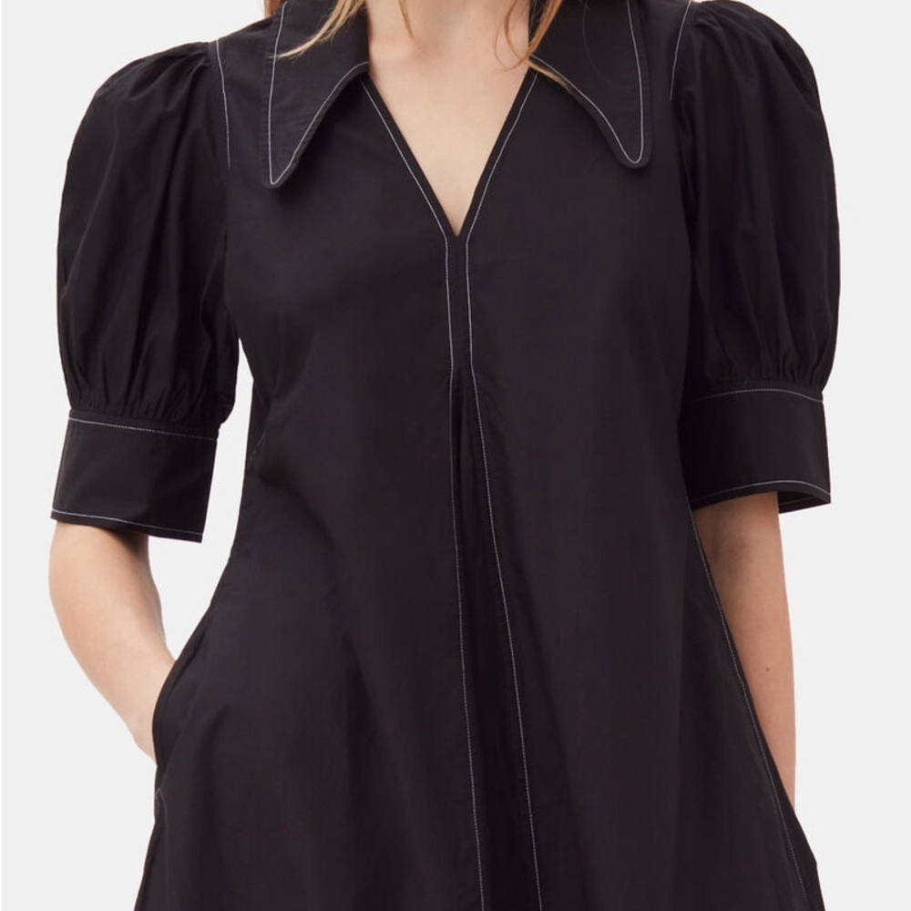 Ganni Black A-Line Midi Dress with Puff Sleeves - Picture 2 of 3